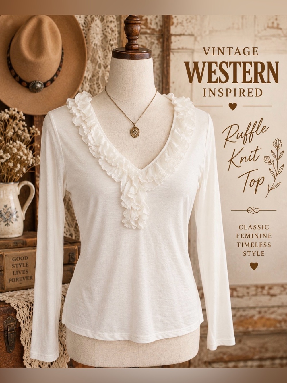 Chaps vintage Y2K - 100 cotton White Ruffle-Trim V-Neck Long Sleeve Top